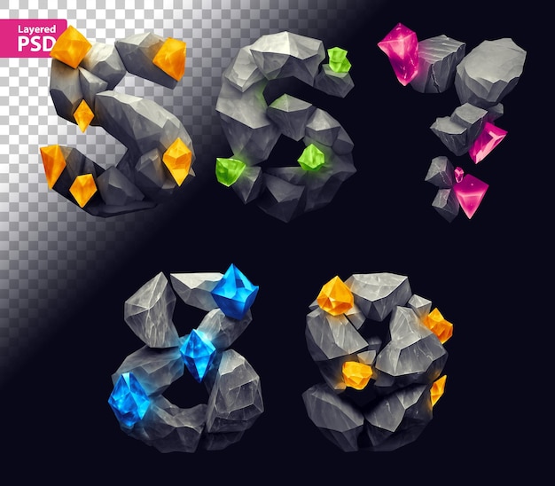 fantasy style letters made of hard stones and magical glowing gems.