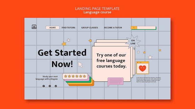 Foreign language classes landing page template in computer interface style