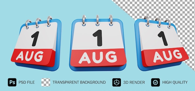 1 dia de agosto calendário 3d renderização psd premium