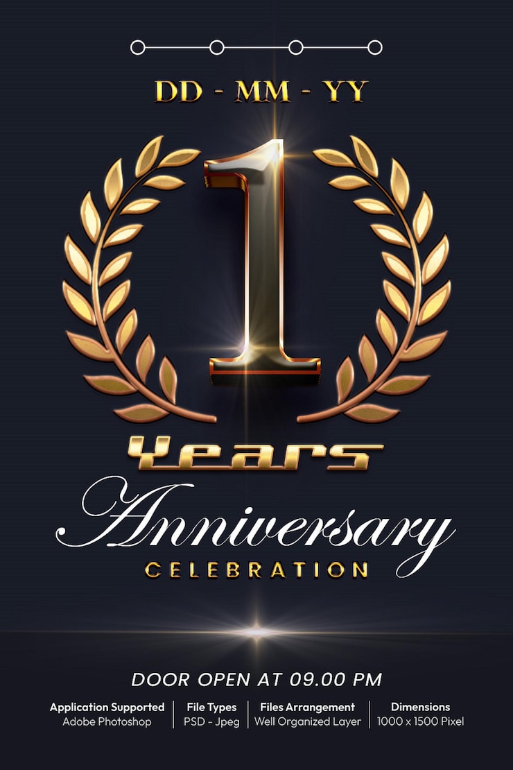 PSD 1 year anniversary party invitation poster banner with editable text number 3d style