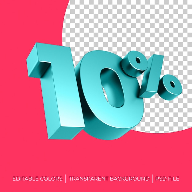 10 por ciento 3d renderizado azul verde sobre fondo rojo y transparente con archivo psd de colores editables