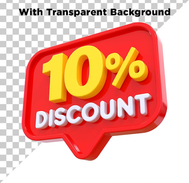 10 por ciento de descuento en la venta de etiquetas 3D amarillo rojo color PNG PSD aislado en fondo transparente