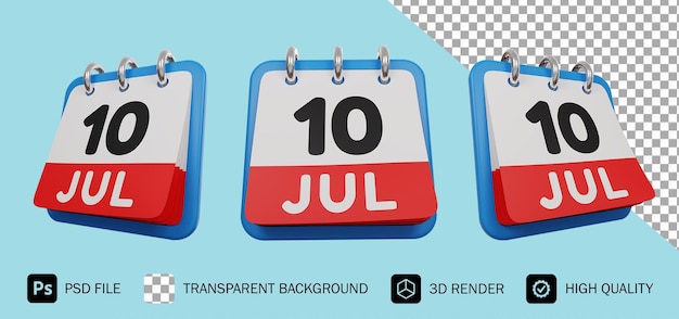 PSD 10 juillet calendrier rendu 3d psd premium isolé