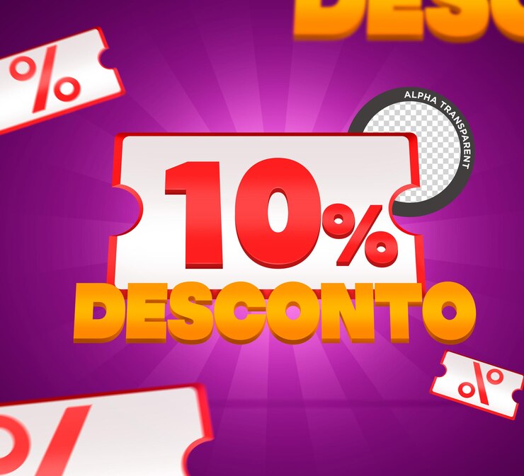 PSD 10 por cento de desconto no selo vetorial com letras laranja de número vermelho de efeito 3d e bilhete branco