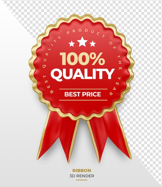 PSD 100 fita de prêmio de qualidade em renderização 3d vermelha e dourada em fundo transparente