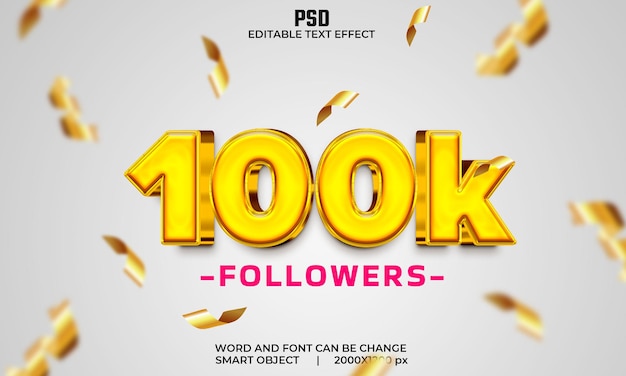 PSD 100k seguidores 3d efeito de texto editável psd premium com plano de fundo