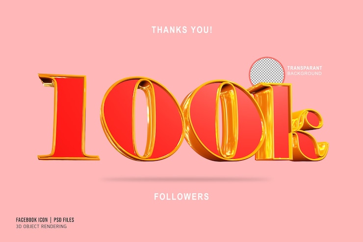 PSD 100k seguidores 3d render estilo ouro vermelho