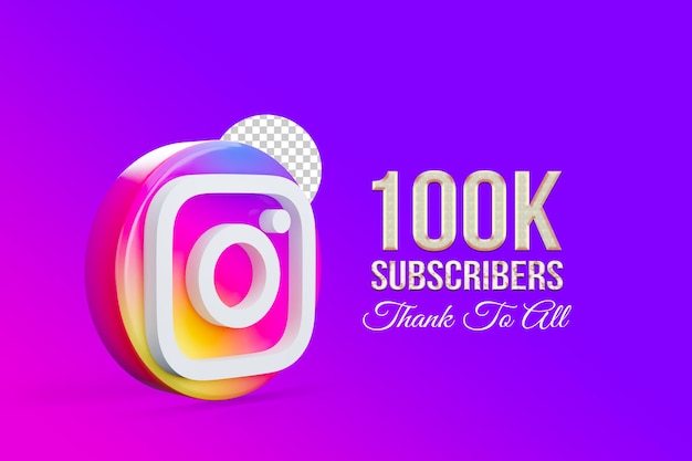 PSD 100k suscriptores en instagram gracias a la publicación con icono de instagram en 3d con texto editable de bg transparente