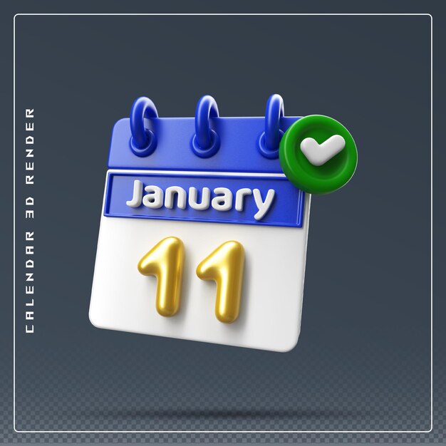 11th January Calendar with Checklist Icon 3D Render