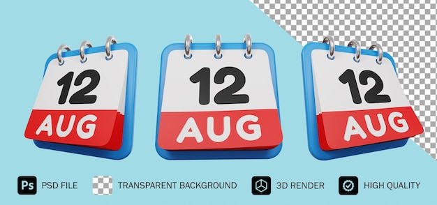 12 agosto giorno calendario 3d render premium psd