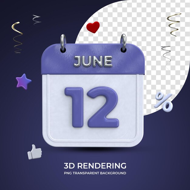 12 giugno calendario rendering 3d isolato sfondo trasparente