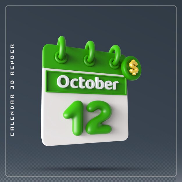 PSD 12. oktober kalender mit dollar-symbol 3d-rendering