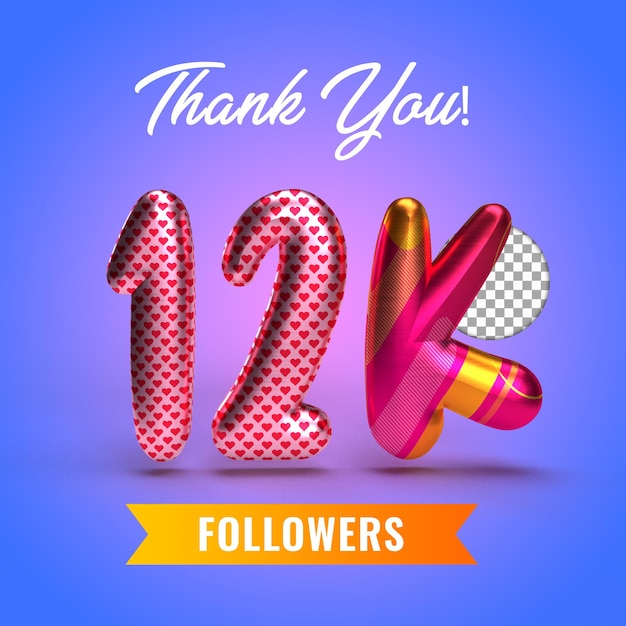 12k seguidores com balões de números 3d render seguidores obrigado 3d renderizar mídia social