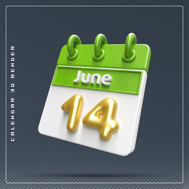14 de junio Calendario Icono 3d render