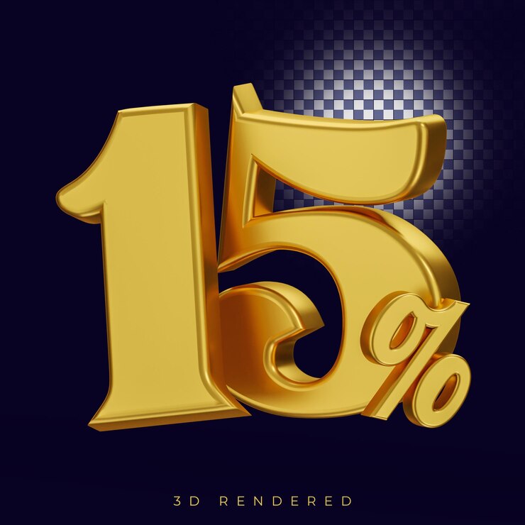 PSD 15 por ciento de texto de renderizado 3d aislado metal dorado con fondo alfa