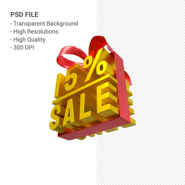 PSD 15% de venda com arco e fita design 3d isolado