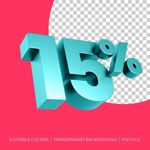 15 por cento 3d renderizado verde azul em fundo vermelho e transparente com cores editáveis arquivo psd
