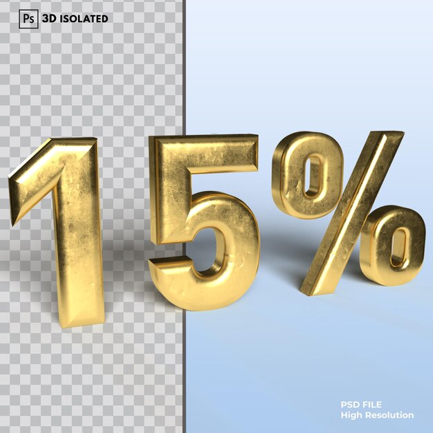 15 Zahlenrabatt Prozent 3D-Rendering isoliert auf transparentem Hintergrund Psd