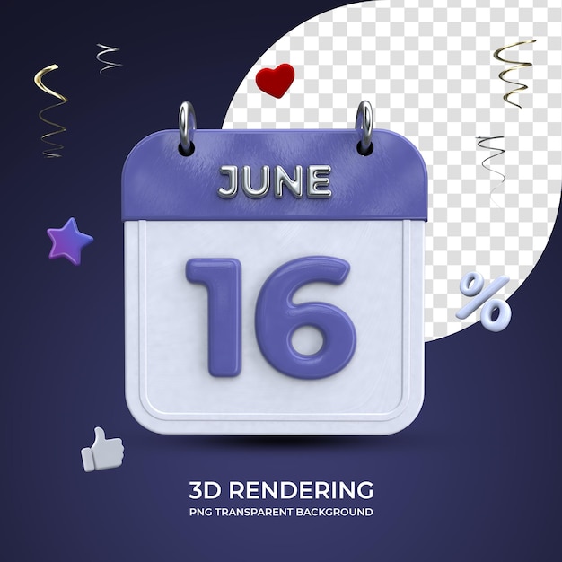 PSD 16 de junio calendario renderizado 3d fondo transparente aislado