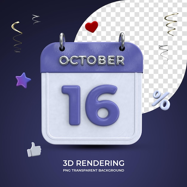 16 de octubre calendario representación 3d fondo transparente aislado