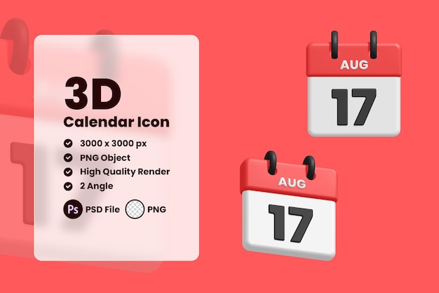 PSD 17 de agosto calendario ilustración 3d