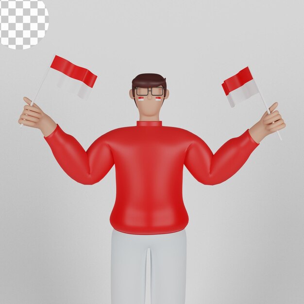 17 de agosto feliz día de la independencia de indonesia con la ilustración de personajes 3d de hombre joven. psd premium