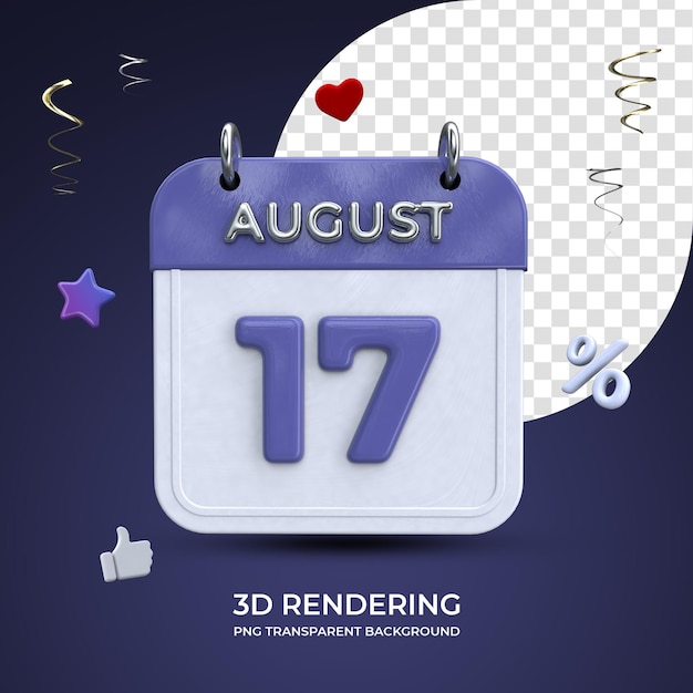 17. August Kalender 3D-Rendering isoliert transparenter Hintergrund