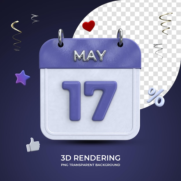 17. Mai Kalender 3D-Rendering isoliert transparenter Hintergrund