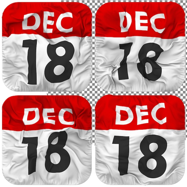 18. 18. Dezember Datumskalendersymbol isoliert Vier winkende Bump-Textur 3D-Rendering