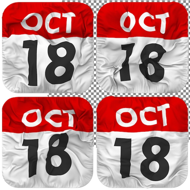 18. 18. Oktober Datumskalendersymbol isoliert Vier winkende Bump-Textur 3D-Rendering