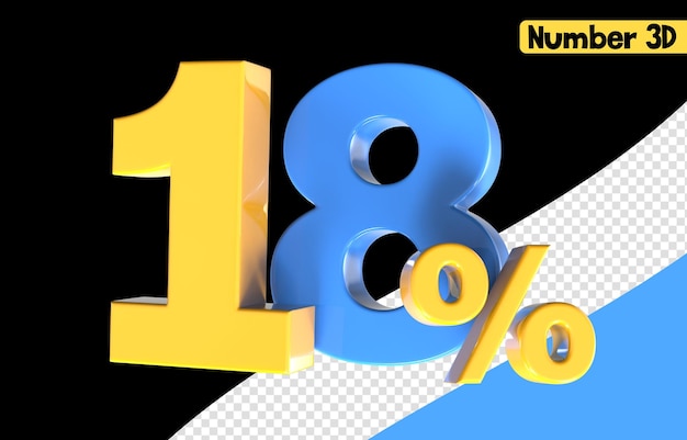 18 número amarillo con render 3d azul