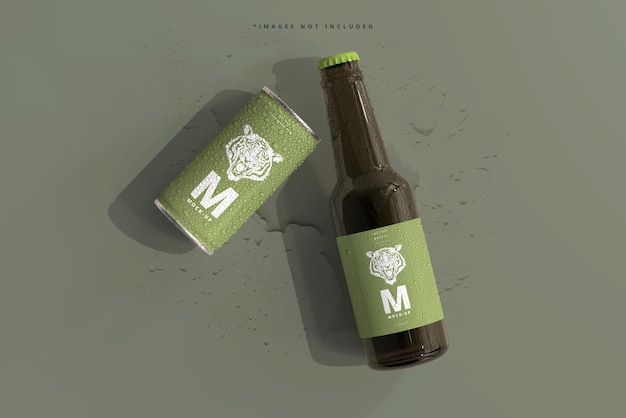 180ml mini soda oder bierdose und flasche mit wassertropfen mockups