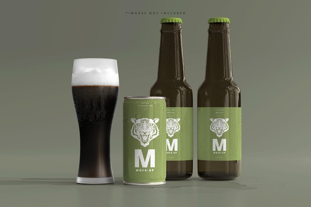 180ml Mini Soda oder Bierdose und Flasche mit Wassertropfen Mockups