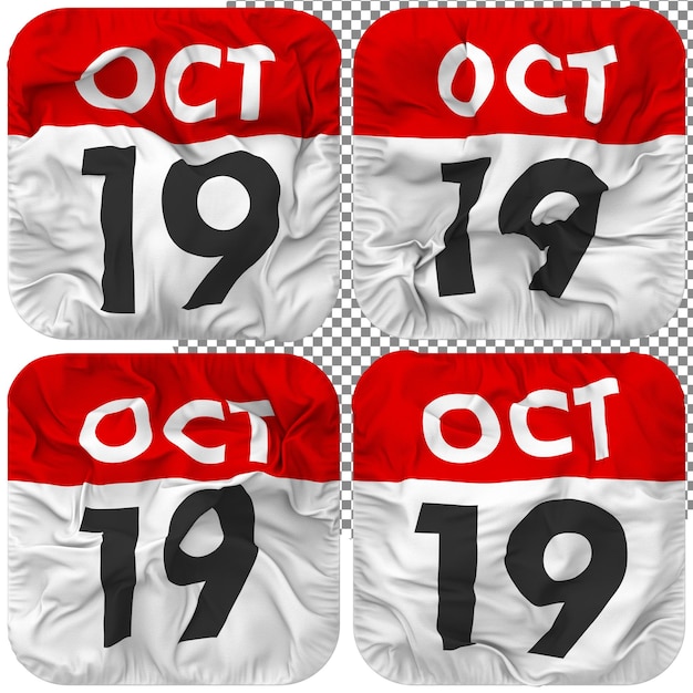 19., 19. Oktober, Datum, Kalendersymbol, isoliert, Vier-Wellen-Stil, Bump-Textur, 3D-Rendering