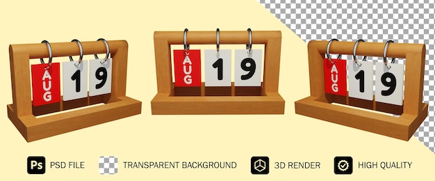 19. august moderner einzigartiger holzkalender 3d-rendering premium psd