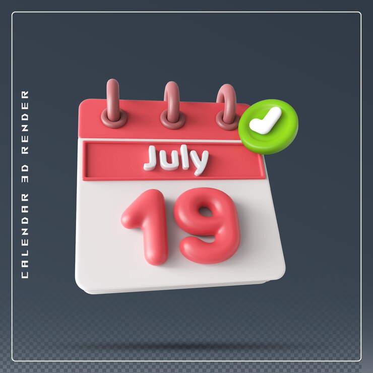 PSD 19. juli-kalender mit häkchen-symbol 3d-rendering