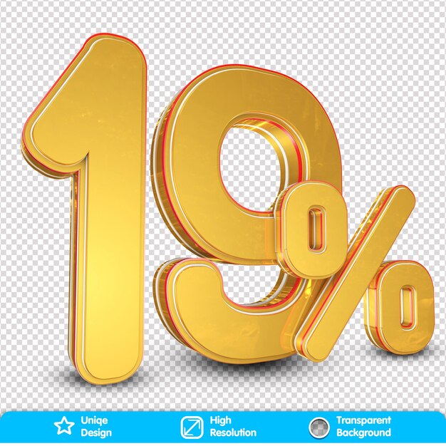19 Rabatt im Angebot. Goldprozentsatz lokalisiert auf PNG-Hintergrund. 3D-Rendering. Illustration für Werbung