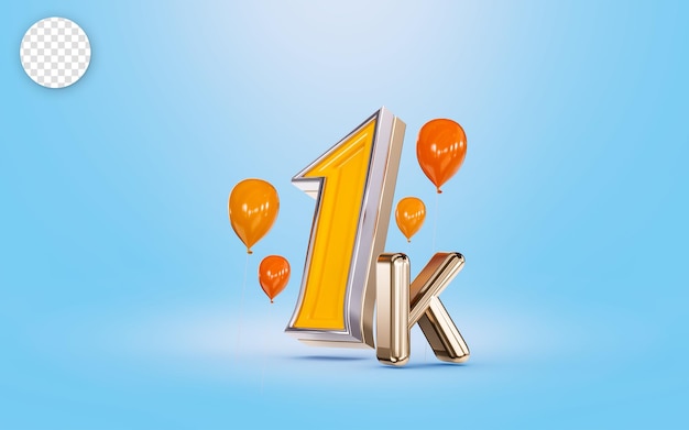 1k seguidores celebración banner de redes sociales con globo naranja fondo azul concepto de render 3d