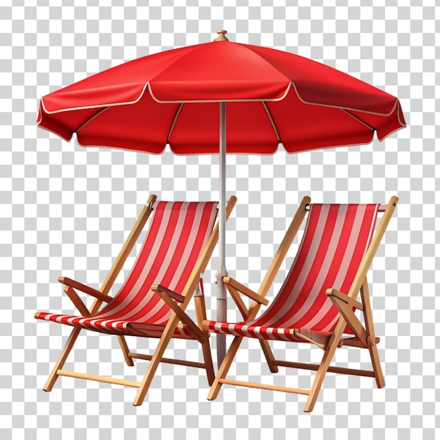 PSD 2 chaises de plage rouges parapluie jaune isolées sur un fond transparent