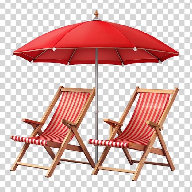 PSD 2 chaises de plage rouges parapluie jaune isolées sur un fond transparent