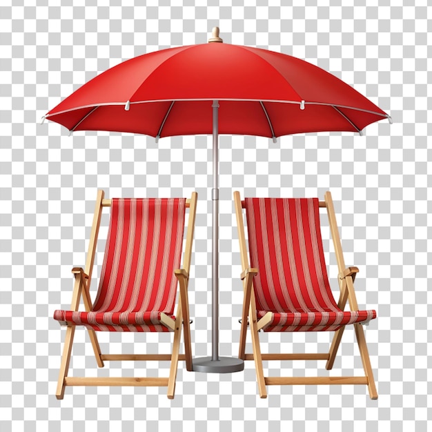 PSD 2 chaises de plage rouges parapluie jaune isolées sur un fond transparent