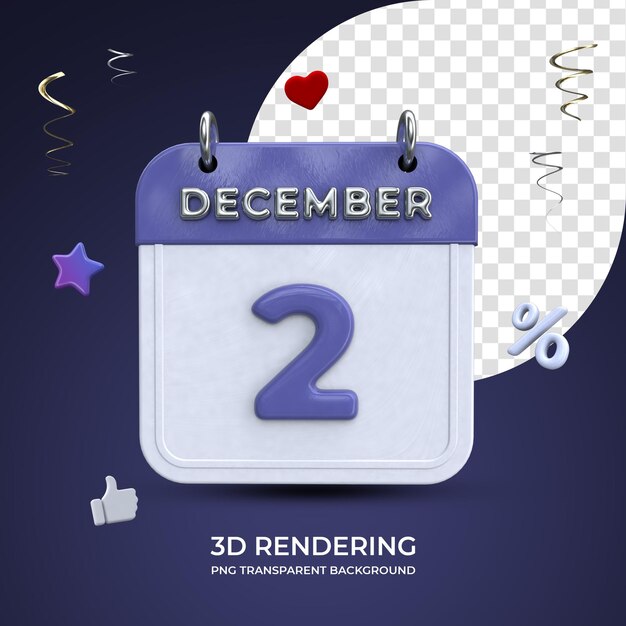 2 de diciembre calendario renderizado 3d fondo transparente aislado