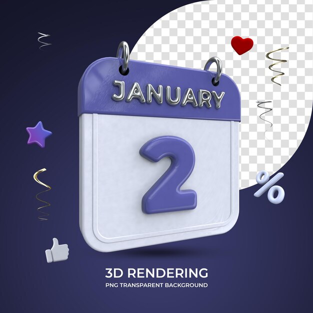 2 de enero calendario 3d renderizado aislado fondo transparente