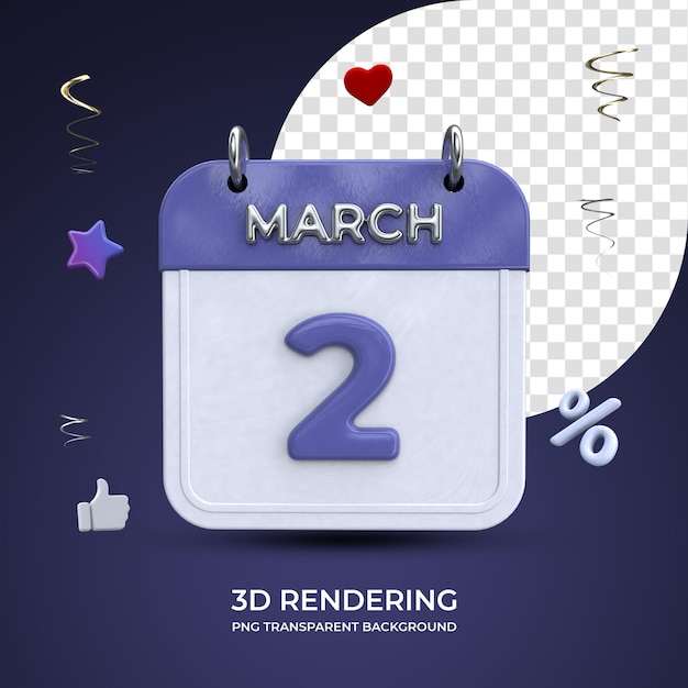 2 de marzo calendario 3d renderizado aislado fondo transparente