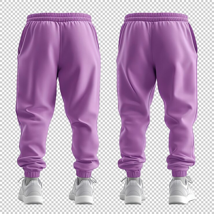 PSD 2 set di pantaloni da ginnastica magenta viola rosa anteriore retro vista jogger pantaloni sportivi sfondo chiaro png