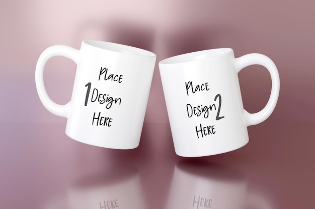 2 tasses à café sur fond rose avec réflexion Impression par sublimation simple présentation ou publicité