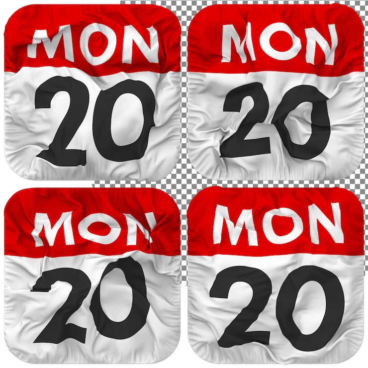 PSD 20., 20. montag, datum, kalendersymbol, isoliert, vier-wellen-stil, bump-textur, 3d-rendering
