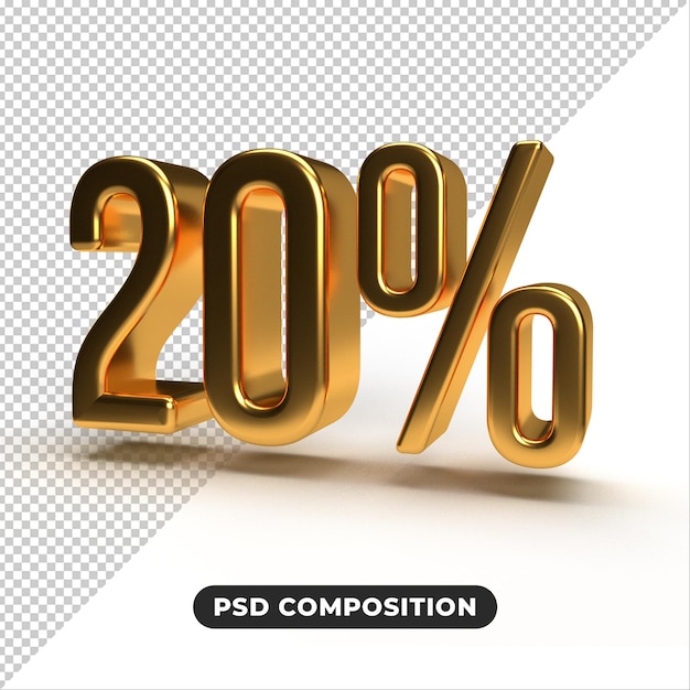 20 3d rendem 20% de desconto em fundo branco isolado de ouro