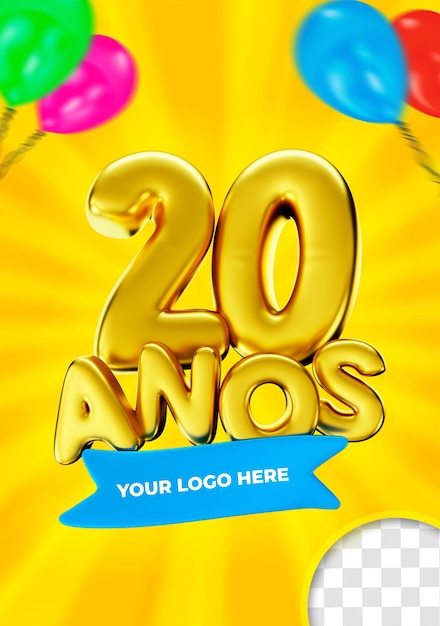 PSD 20 anos no brasil rótulo feliz aniversário de 20 anos ouro 3d render