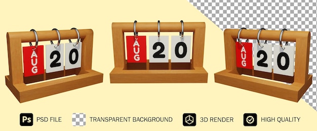 20. august moderner einzigartiger holzkalender 3d-rendering premium psd